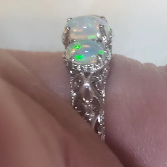 SOLDPremium Ethiopian Welo Opal Trilogy Ring Platinum over Sterling Silver - Picture 5 of 6